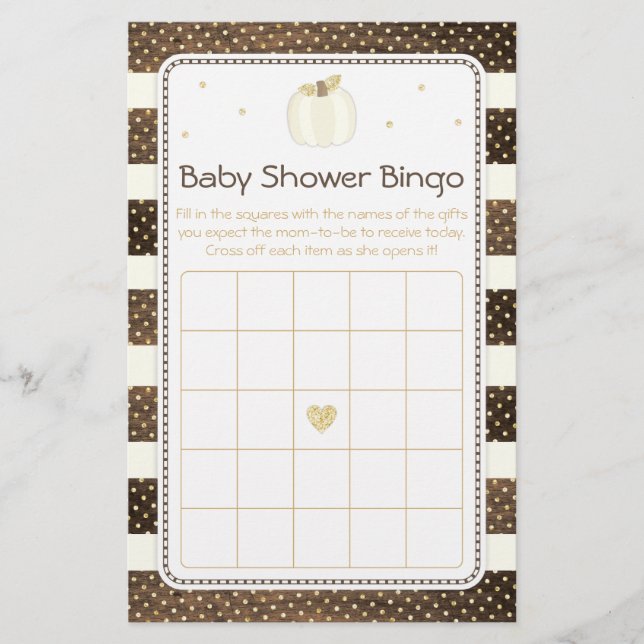 Rustic Pumpkin Baby Shower Bingo Game, Ivory Guld Flygblad (Framsidan)