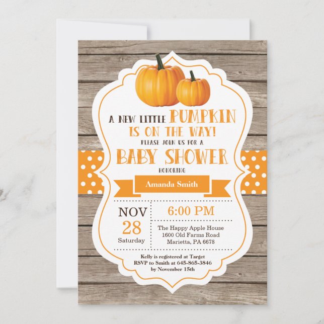 Rustic Pumpkin Baby Shower-inbjudningskort, trä Inbjudningar (Framsida)