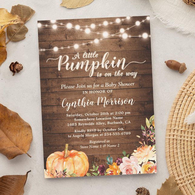 Rustic Pumpkin Baby Shower String Ljus Blommigt Inbjudningar (Skapare uppladdad)