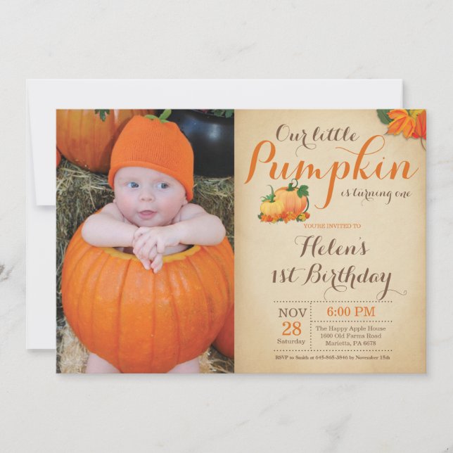 Rustic Pumpkin Birthday-inbjudan första dagen Inbjudningar (Framsida)