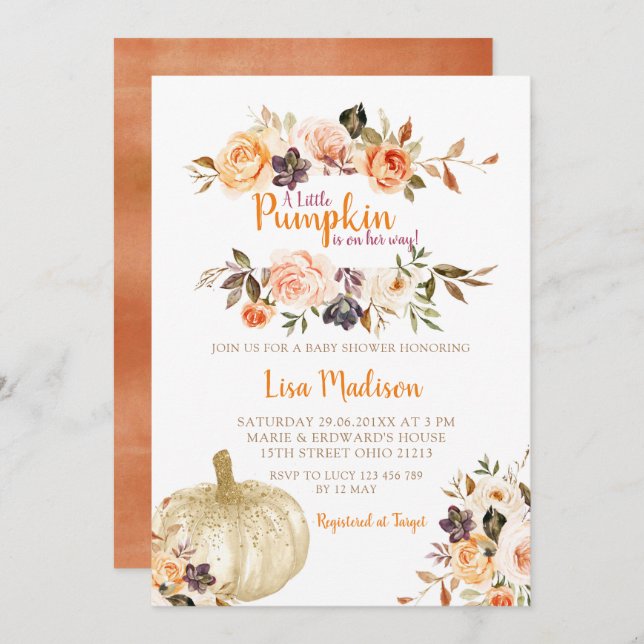 Rustic Pumpkin Blommigt Baby Shower Inbjudningar (Fram/baksida)