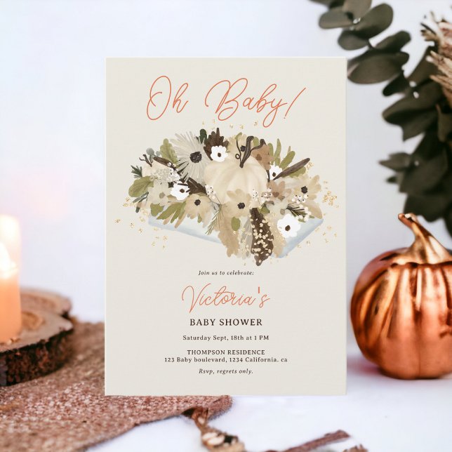 Rustic pumpkin blommigt neutralt Oh babydusch Inbjudningar (Rustic pumpkin floral neutral Oh baby shower Invitation on beige)