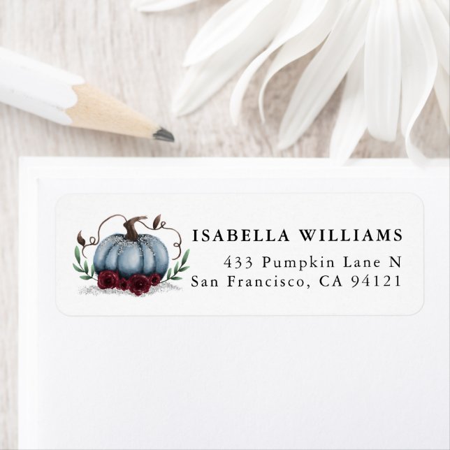 Rustic Pumpkin Blue Silver Returadress Etikett (Insitu)