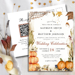 Rustic Pumpkin Botanical Autumn Bröllop QR-kod Inbjudan Vykort