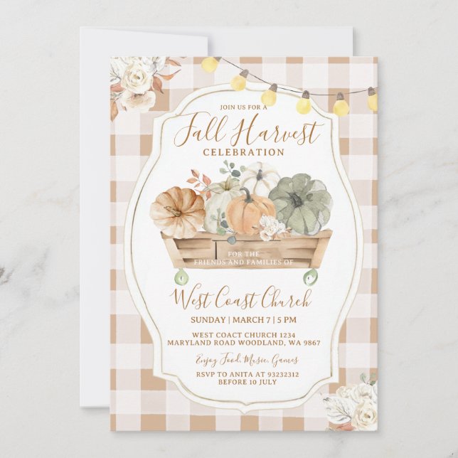 Rustic Pumpkin Brown Gingham Fall Harvest Party Inbjudningar (Framsida)