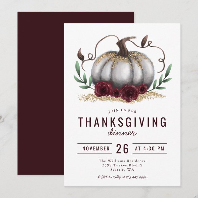 Rustic Pumpkin Burgundy Guld Thanksgiving Middag Inbjudningar (Fram/baksida)
