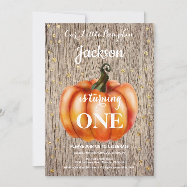 Rustic Pumpkin Fall Birthday-inbjudan Guld Inbjudningar (Framsida)