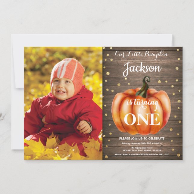 Rustic Pumpkin Fall Birthday-inbjudan Guld Inbjudningar (Framsida)