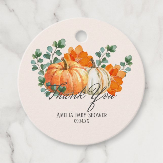 Rustic Pumpkin Fall blommigt Baby Shower Gåvor Etiketter (Framsida)