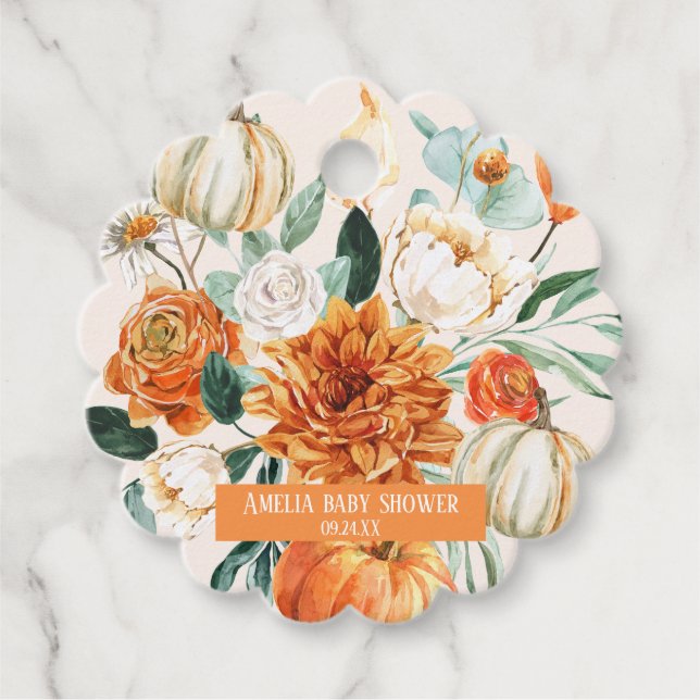 Rustic Pumpkin Fall blommigt Baby Shower Gåvor Etiketter (Framsida)