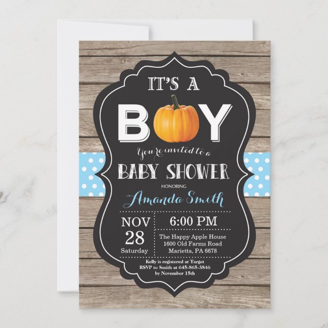Rustic Pumpkin Fall Blue Baby Shower-inbjudan Inbjudningar (Framsida)