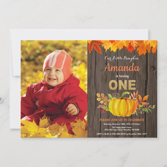 Rustic Pumpkin Fall First Birthday Guld Inbjudningar (Framsida)