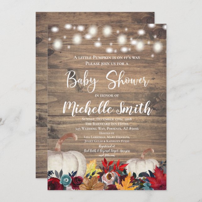 Rustic Pumpkin Fall Land Burgundy Baby Shower Inbjudningar (Fram/baksida)