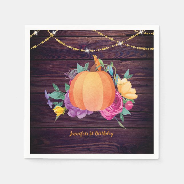 Rustic Pumpkin Fall Watercolor Folk Flowers Pappersservett (Framsidan)