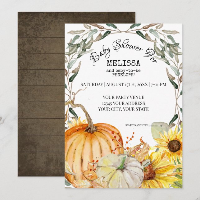 Rustic Pumpkin Farm Solrosblomma Babyskor Inbjudningar (Fram/baksida)
