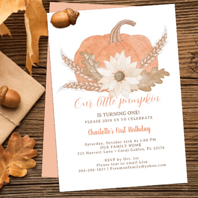 Rustic Pumpkin First Birthday Inbjudan (autumn pumpkin 1st birthday party invitation)