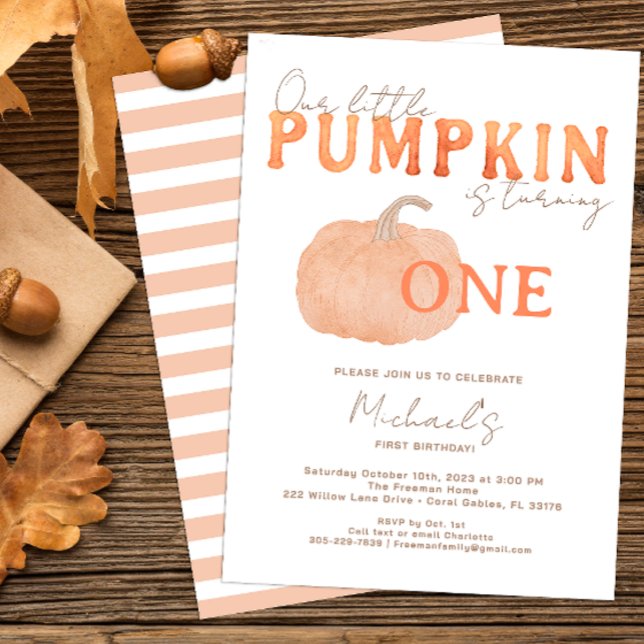 Rustic Pumpkin First Birthday Inbjudan (minimalist watercolor pumpkin 1st birthday party invitation)