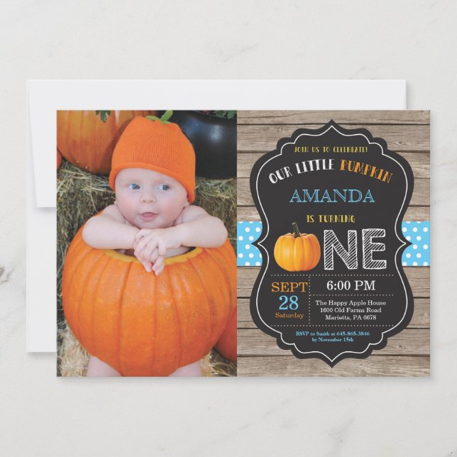Rustic Pumpkin First Birthday Inbjudan Blue (Framsida)