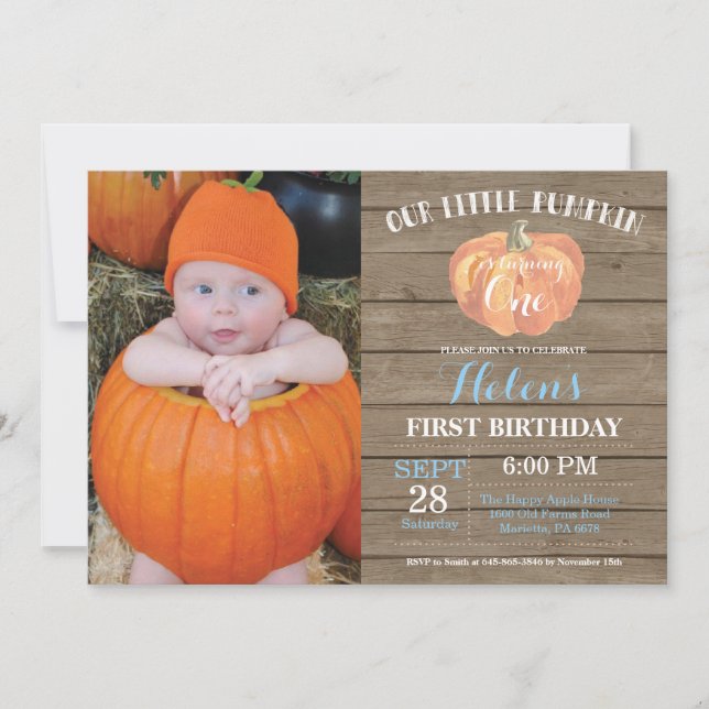 Rustic Pumpkin First Birthday Inbjudan Blue (Framsida)