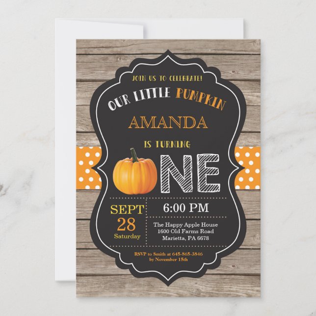 Rustic Pumpkin First Birthday-inbjudan, Orange Inbjudningar (Framsida)