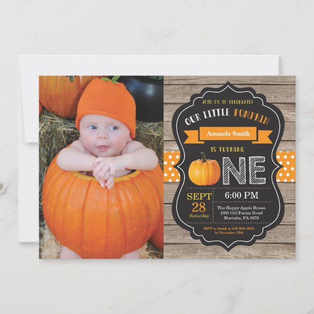 Rustic Pumpkin First Birthday-inbjudan, Orange Inbjudningar (Framsida)