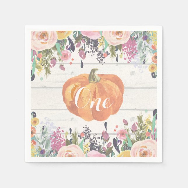 Rustic Pumpkin First Birthday Watercolor Blommigt Pappersservett (Framsidan)