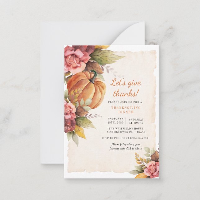 Rustic Pumpkin Ge Thanksgiving Middag Anteckningskort (Framsida)