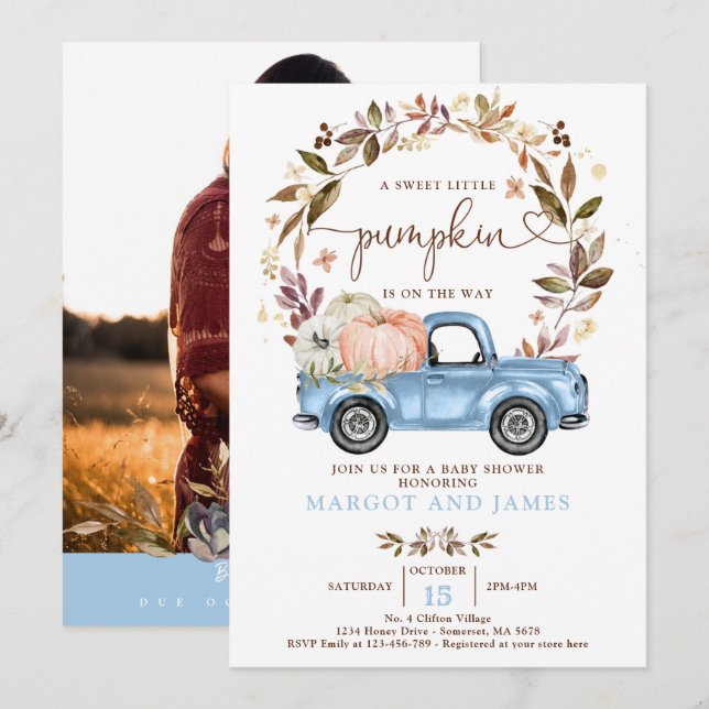 Rustic Pumpkin Lastbil Baby blue babydusch Inbjudningar (Fram/baksida)