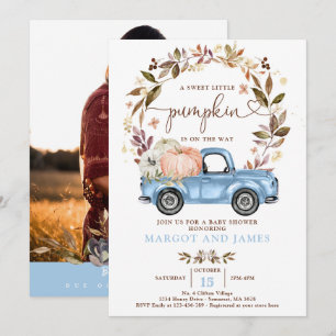 Rustic Pumpkin Lastbil Baby blue babydusch Inbjudningar