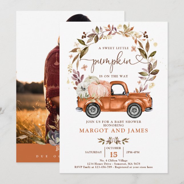 Rustic Pumpkin Lastbil Burnt Orange Baby Shower Inbjudningar (Fram/baksida)