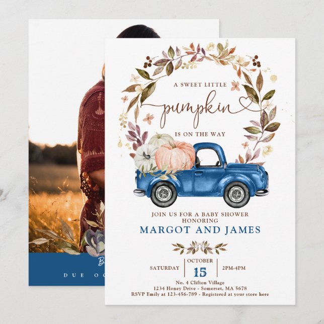 Rustic Pumpkin Lastbil Classic Blue Baby Shower Inbjudningar (Fram/baksida)