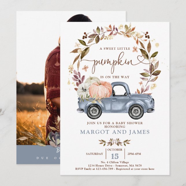 Rustic Pumpkin Lastbil Dusty Blue Baby Shower Inbjudningar (Fram/baksida)