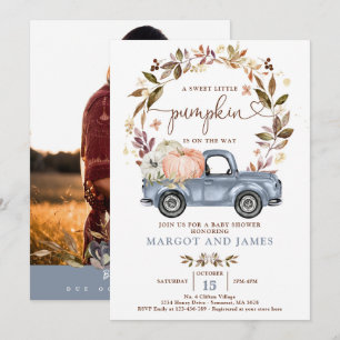 Rustic Pumpkin Lastbil Dusty Blue Baby Shower Inbjudningar