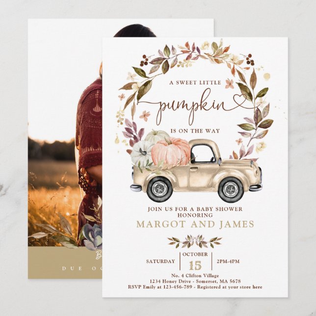 Rustic Pumpkin Lastbil har stoppat tonbarnshuggare Inbjudningar (Fram/baksida)