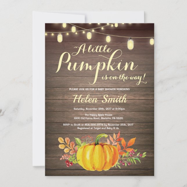 Rustic Pumpkin Mason Burk String Ljus Baby Shower Inbjudningar (Framsida)