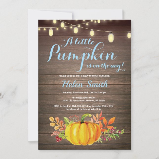 Rustic Pumpkin Mason Burk String Ljus Baby Shower Inbjudningar (Framsida)