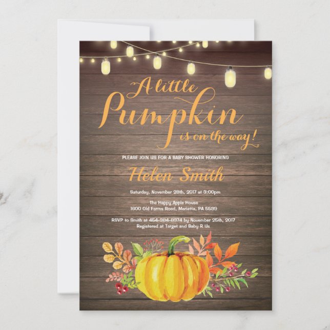 Rustic Pumpkin Mason Burk String Ljus Baby Shower Inbjudningar (Framsida)