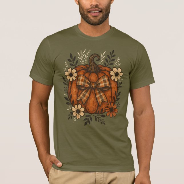 Rustic Pumpkin med Play Bow & Fall Flowers T Shirt (Framsida)