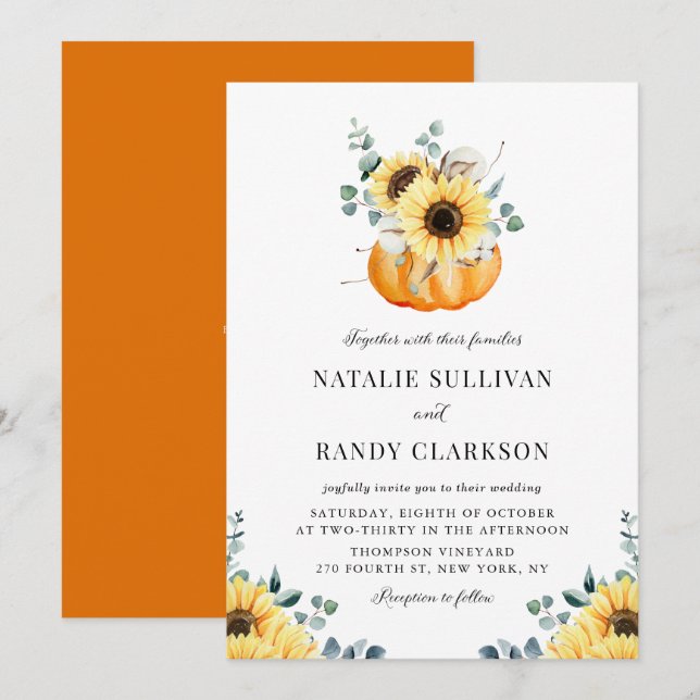 Rustic Pumpkin och Solblommor Fall Wedding Inbjudningar (Fram/baksida)