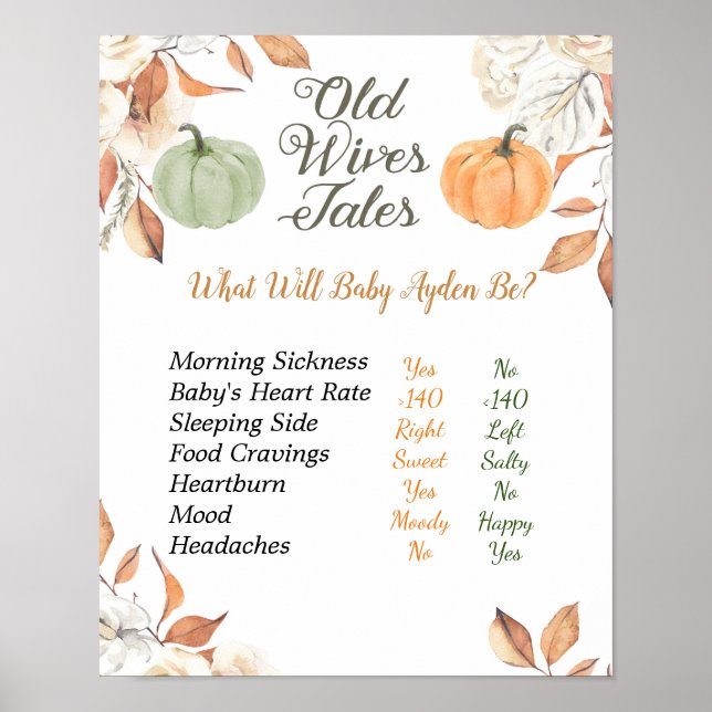 Rustic Pumpkin Old Wives Tales Gender Reveal Board Poster (Framsidan)