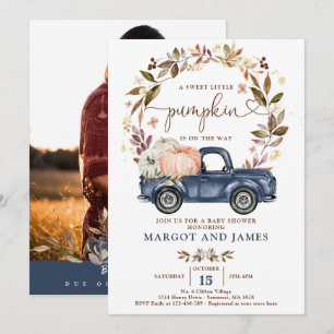 Rustic Pumpkin Pickup Lastbil Blue Baby Shower Inbjudningar