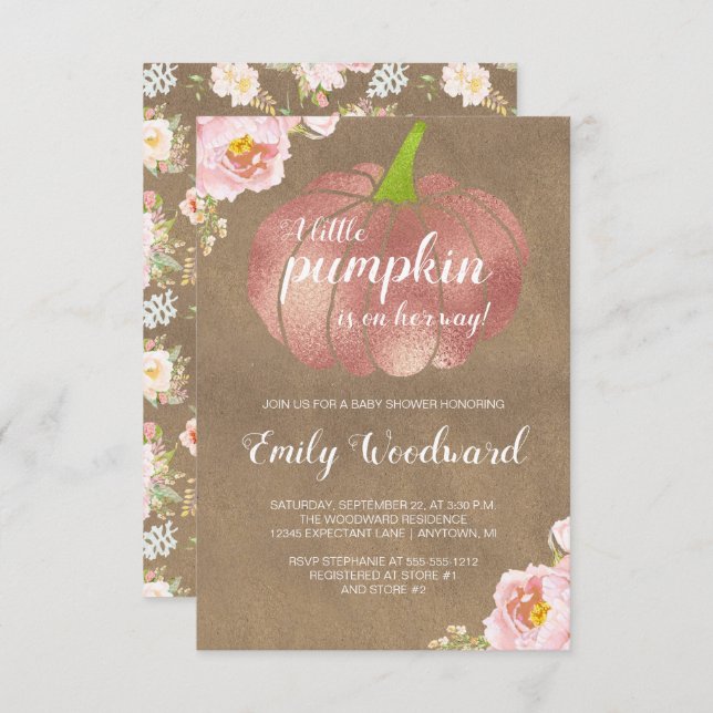 Rustic Pumpkin Rosa Blommigt Girl Baby Shower Inbjudningar (Fram/baksida)