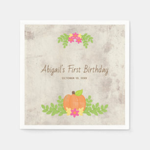Rustic Pumpkin Rosa Flowers First Birthday Pappersservett