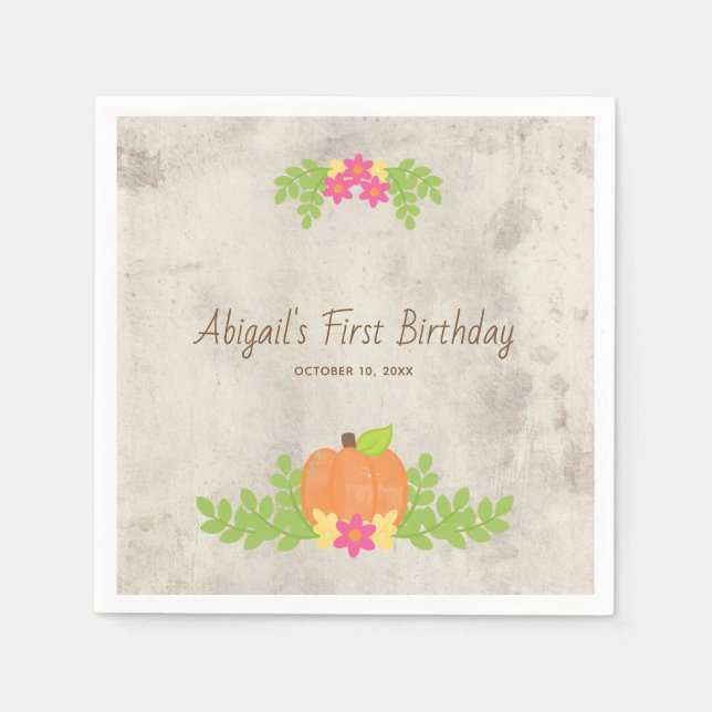 Rustic Pumpkin Rosa Flowers First Birthday Pappersservett (Framsidan)