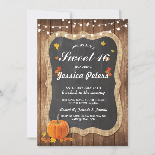 Rustic Pumpkin Sweet 16 Party Chalk Wood Inbjudan (Framsida)