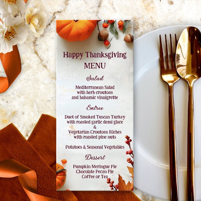 Rustic Pumpkin Thanksgiving Fall Middag Meny (Thanksgiving dinner menu featuring a rustic whimsical design with colorful fall leaves and pumpkins)