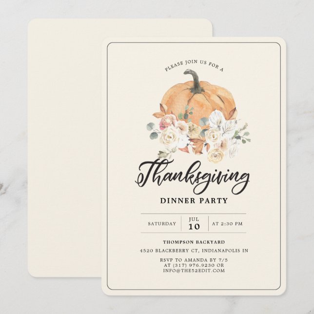 Rustic Pumpkin Thanksgiving Middagen Party Inbjudningar (Fram/baksida)