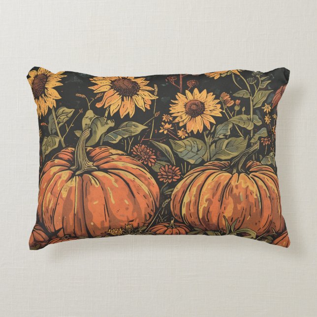 Rustic Pumpkins and Sunblommor - Fall Pillow Prydnadskudde (Framsidan)
