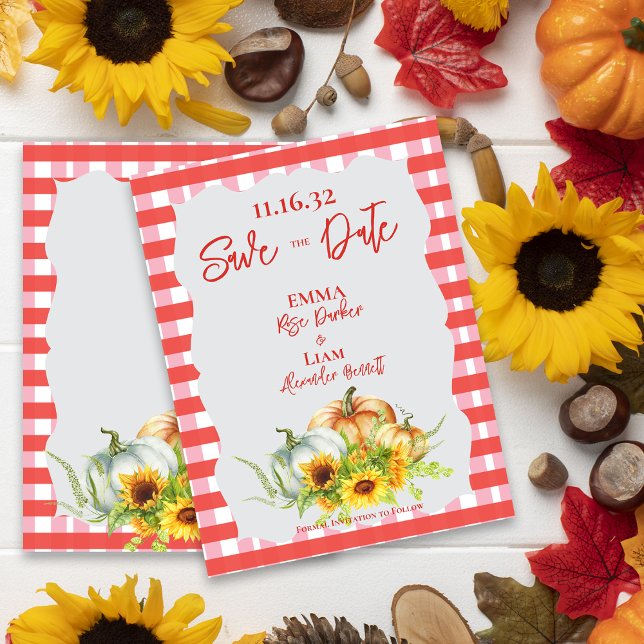 Rustic Pumpkins Sunblommor Bröllop spara datum Vykort (Rustic Pumpkins Sunflowers Wedding Save the Date Postcard)