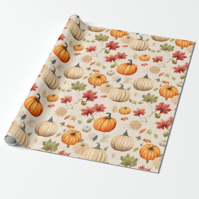 Rustic Pumpkins with Autumn Leaves in Watercolor  Presentpapper (Utrullad)